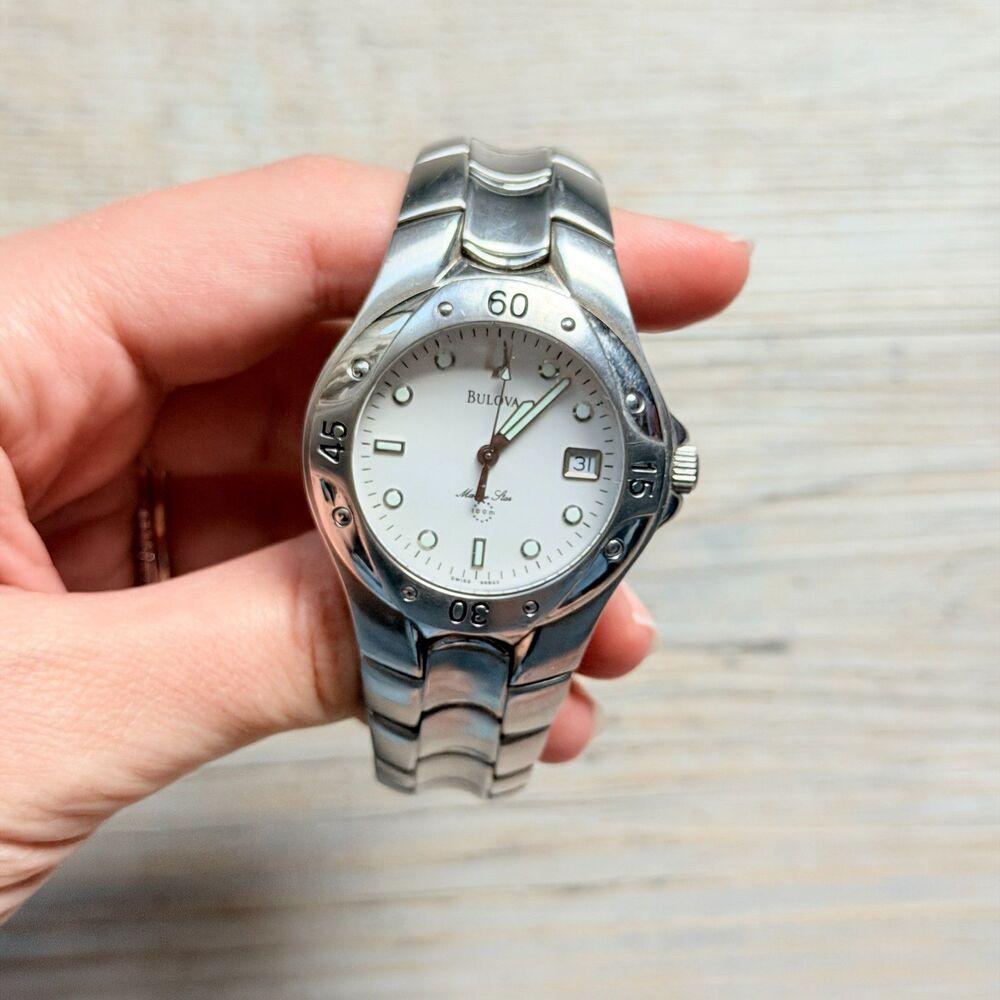 Bulova Marine Star 96B92 Stainless Steel Men’s Watch Silver White Dial Date